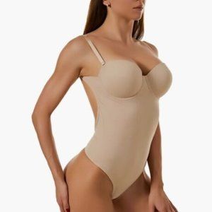 Women's Backless Shapewear Tummy Control Seamless Thong Bodysuit Size L Nude